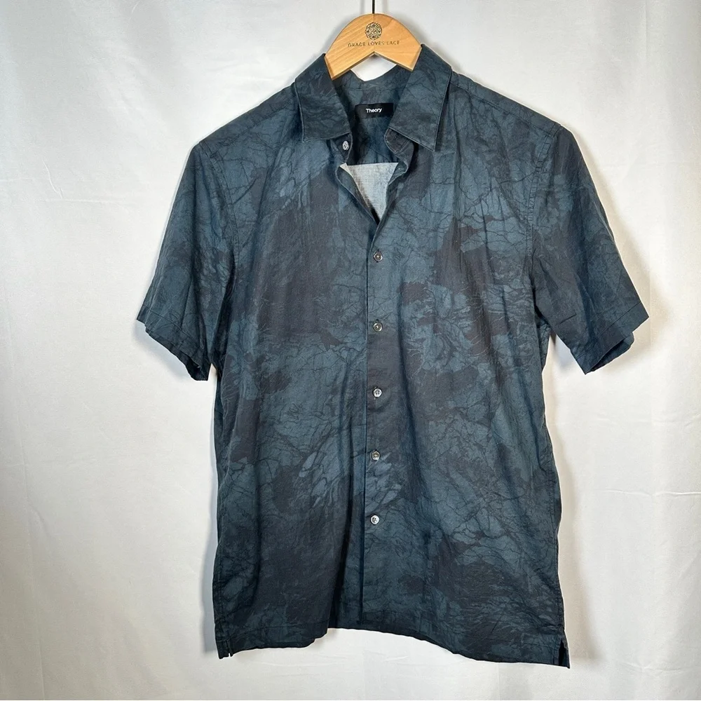 Theory Irving SS Marble Print Short Sleeve Cotton Shirt M Blue Gray - Picture 2 of 8